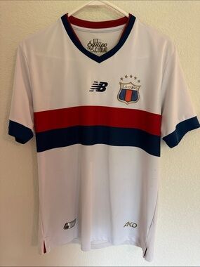 Deportivo Quito New Balance White Soccer Jersey with Red & Navy Horizontal Bands
